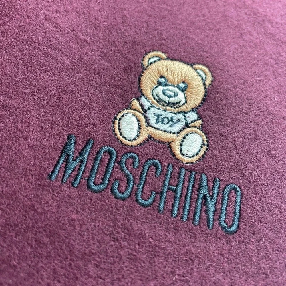 MOSCHINO Burgundy Merino Wool Scarf Embroidered Teddy‎ Bear Fringe Italy 64 x 12